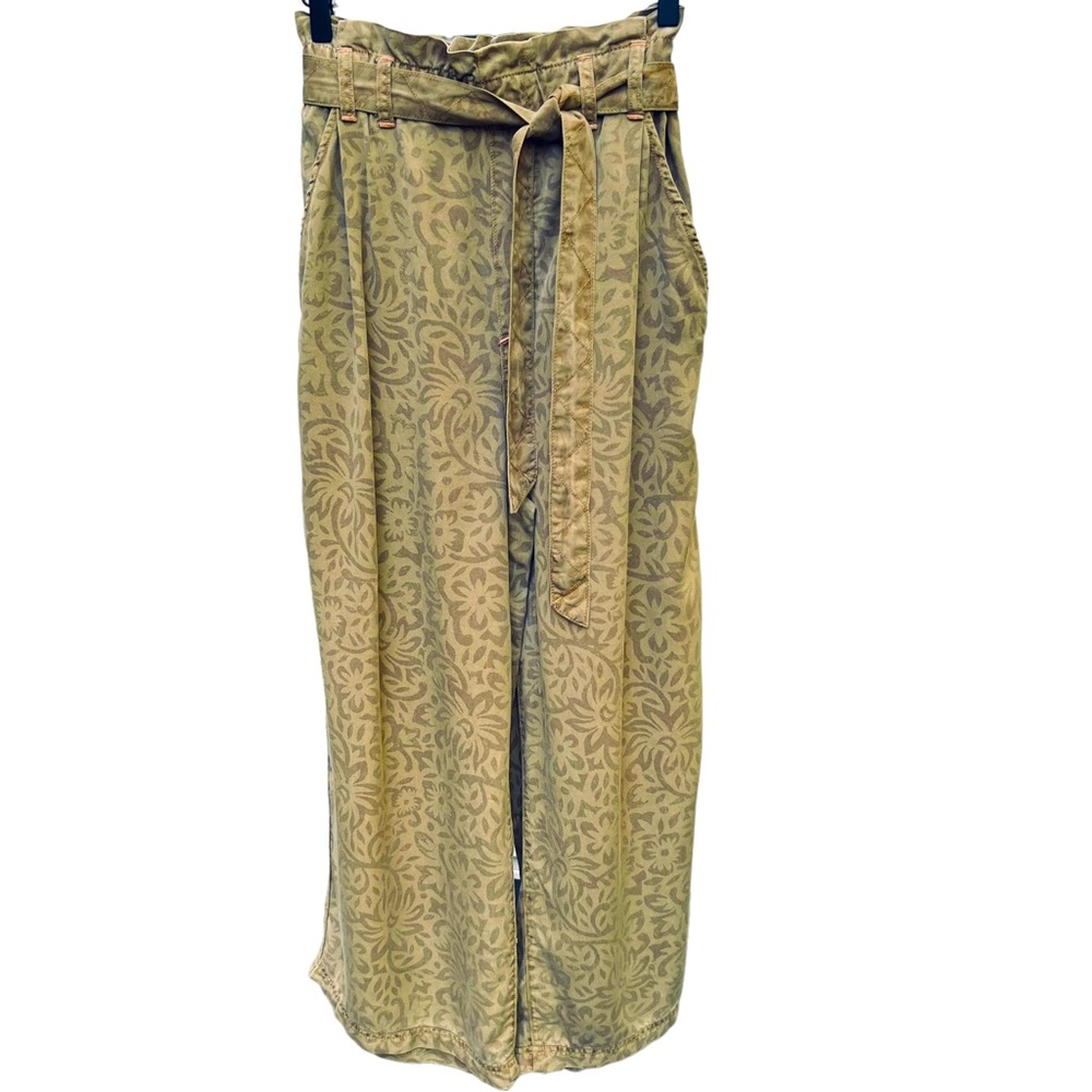 Anthropologie Pilcro Green Floral Print Wide Leg Paper Bag Trousers Size Small
